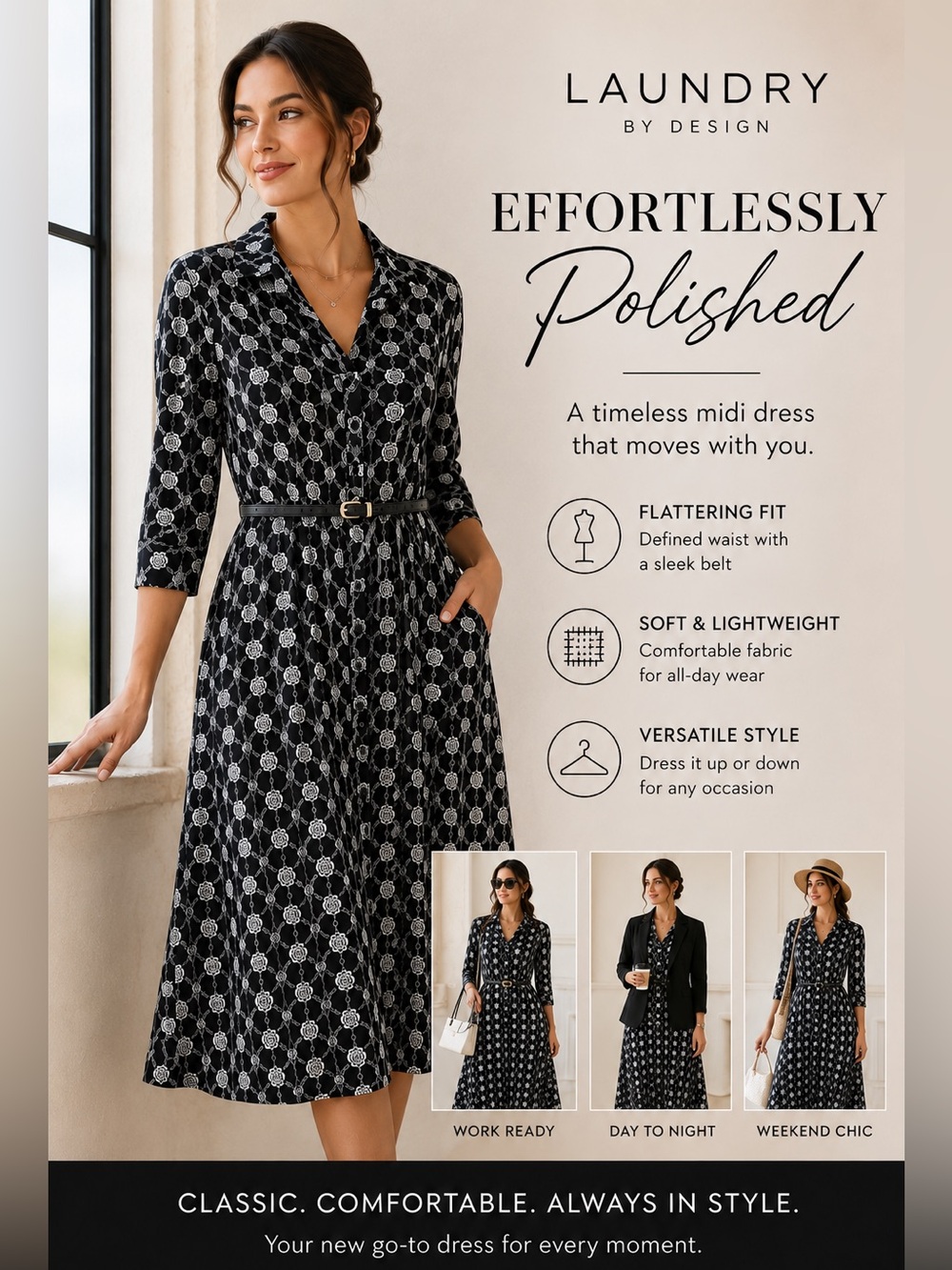 Laundry by Design Black & White Geometric-Print Midi Dress